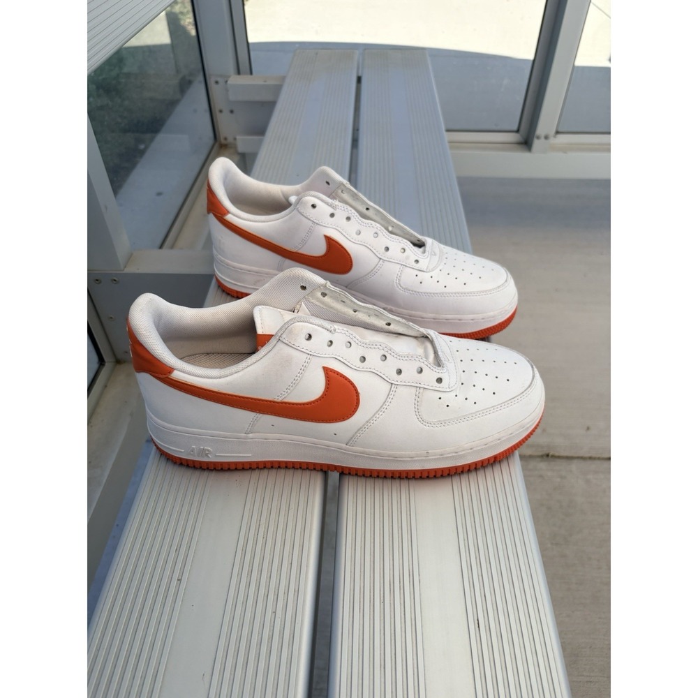 Nike Air Force 1 Low Top Men's Sneaker White/Orange Leather Lace-Up Size 11